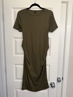 Olive Green Maternity Short-Sleeve Fitted Midi Dress